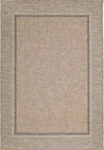 Beige woven summer latte border rug with textured basketweave pattern and subtle border for indoor outdoor use