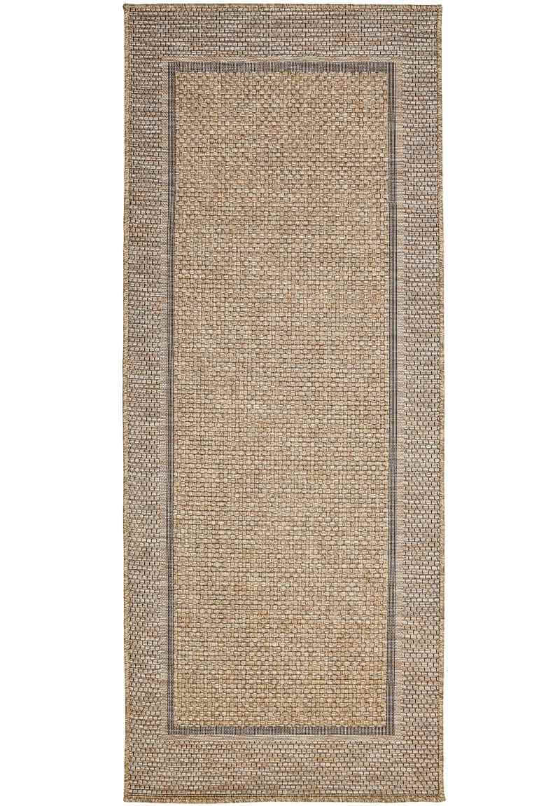 Beige woven summer latte border runner rug with natural fiber texture and subtle gray accents for indoor outdoor use