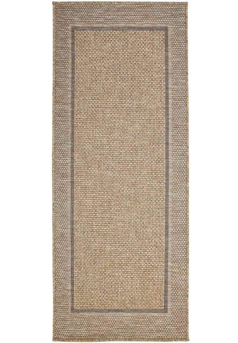 Beige woven summer latte border runner rug with natural fiber texture and subtle gray accents for indoor outdoor use