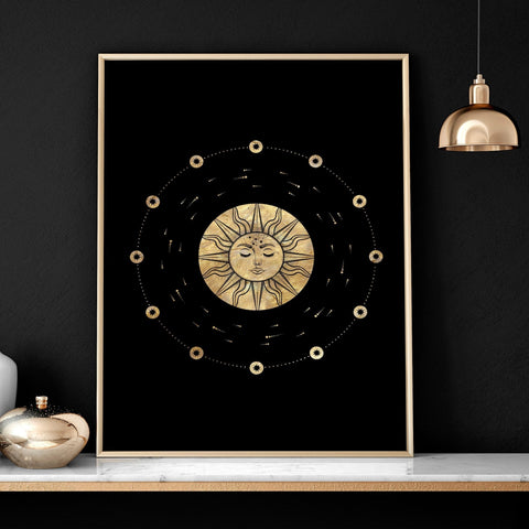 Sun and moon drawing  | set of 3 framed wall art