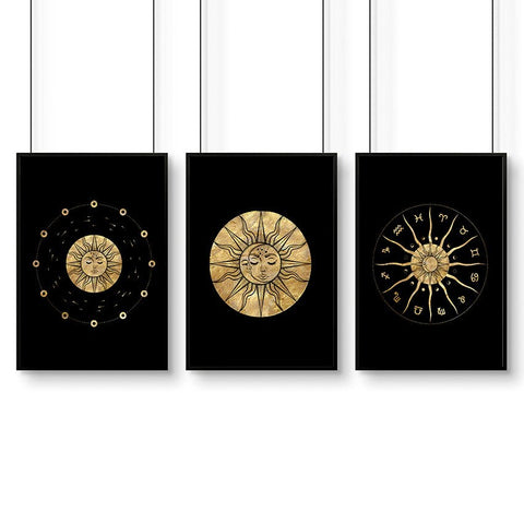 Sun and moon drawing  | set of 3 framed wall art