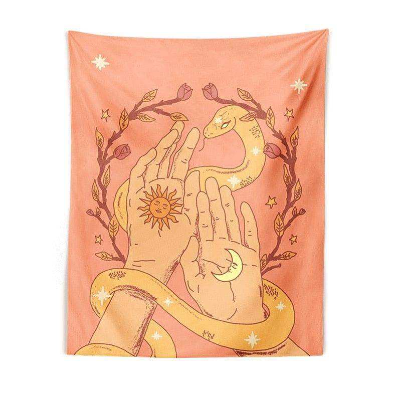 Peach-colored moon tapestry with illustrated hands sun and moon design and golden snake entwined in leafy branches