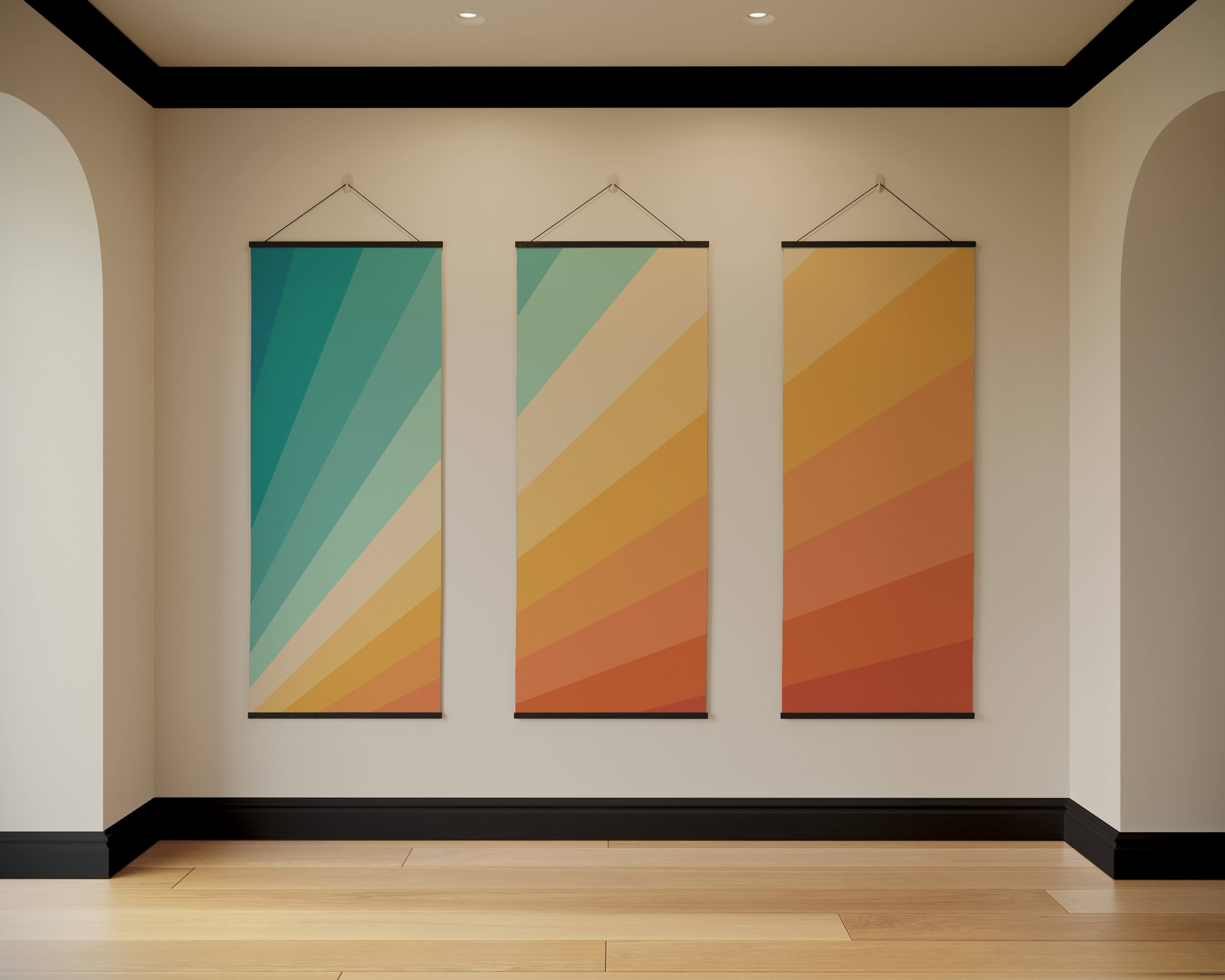 Three vertical canvas panels forming a sunbeam tapestry with diagonal gradient stripes in teal orange and yellow hues
