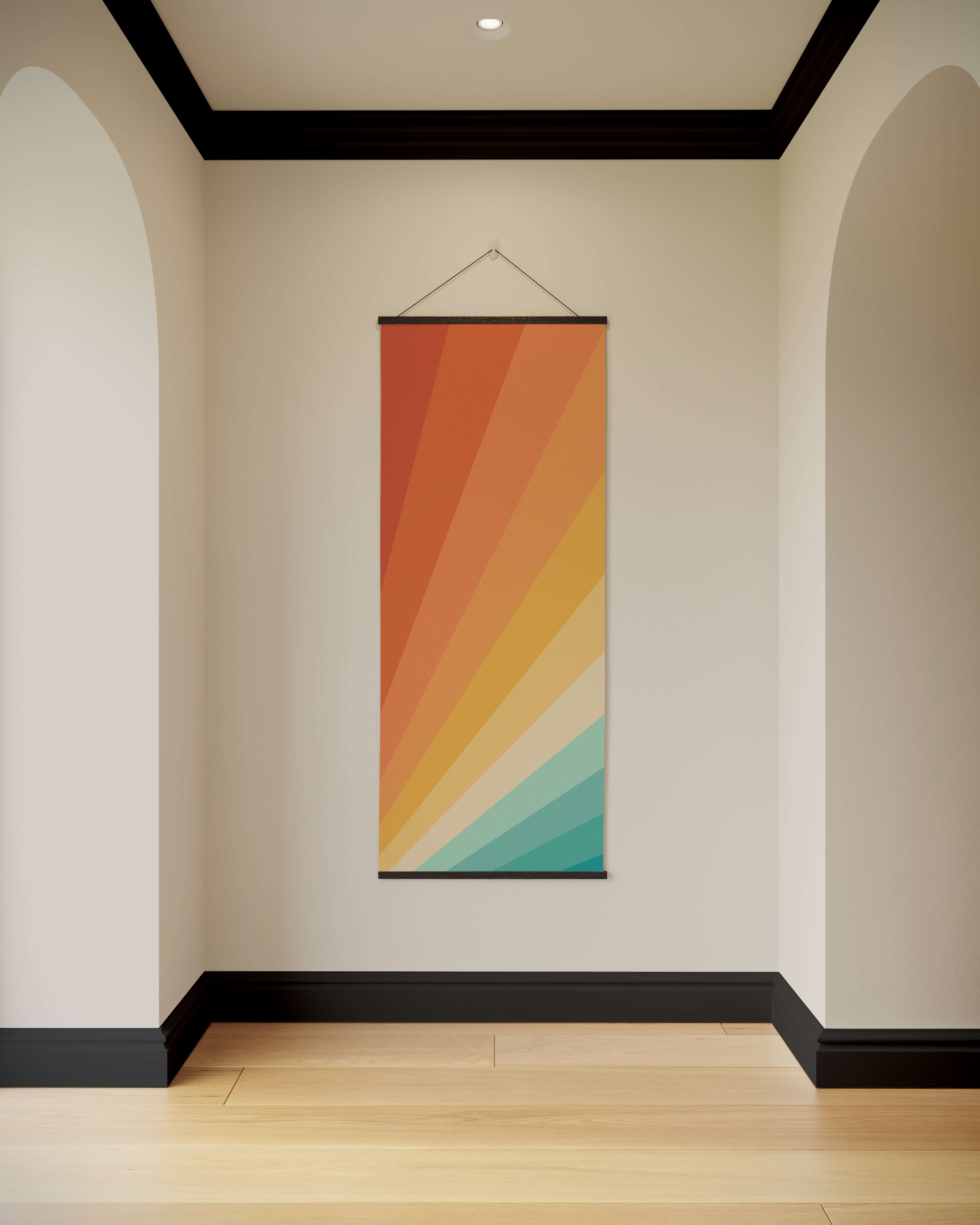 A sunbeam tapestry canvas art with vertical rays in warm orange yellow and cool teal radiating from the bottom