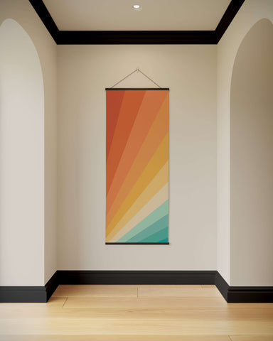 A sunbeam tapestry canvas art with vertical rays in warm orange yellow and cool teal radiating from the bottom