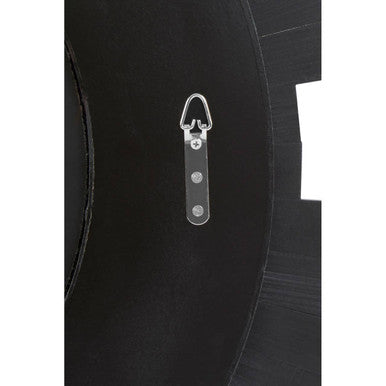 Black circular wooden wall mirror back with silver metal hook and three screw holes for easy wall mounting
