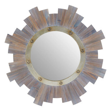 Sunburst wooden wall mirror with weathered light gray wood slats and brass nail head fasteners for wooden wall decor