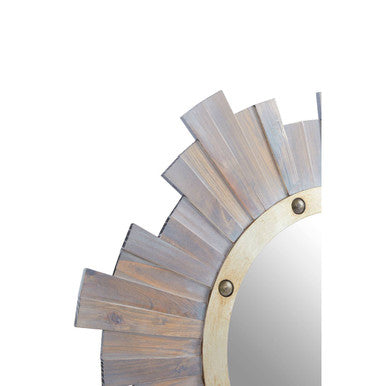Rustic sunburst wooden wall mirror with distressed gray and natural wood finish and brass toned nail head frame