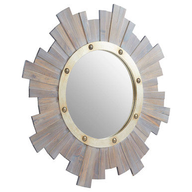 Rustic sunburst wooden wall mirror with distressed white wood frame and brass nail head accents for wall decor