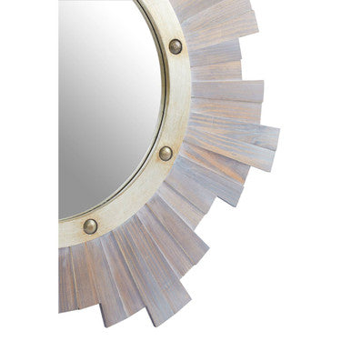 Sunburst wooden wall mirror with distressed white wooden frame and brass nail head accents for wall decor