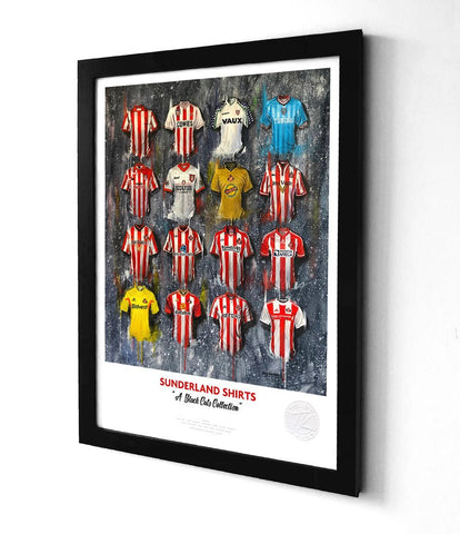 Framed print of sunderland football club black cats shirts in various colors displayed on a textured background