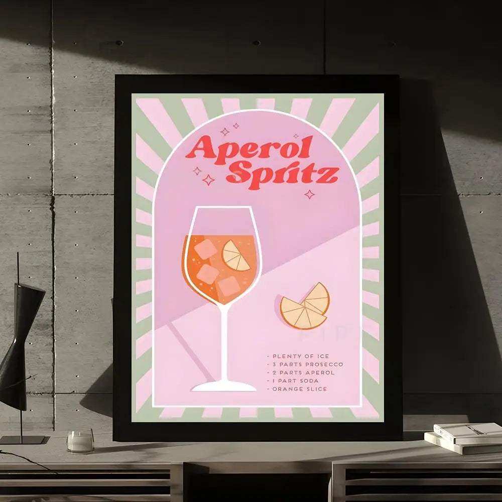 Sunset aperol spritz print with pink and mint green cocktail recipe in black frame available in 15cmx20cm and 20cmx25cm