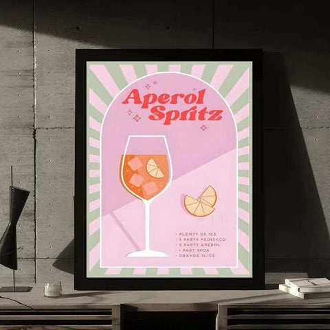 Sunset aperol spritz print with pink and mint green cocktail recipe in black frame available in 15cmx20cm and 20cmx25cm