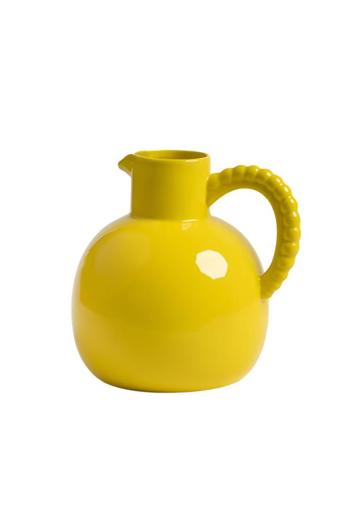 Vibrant yellow jug with glossy finish and textured rope-like handle handcrafted by sunshine stoneware