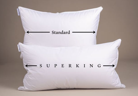 White standard and super king pillowcases made from siberian goose down neatly displayed with size labels