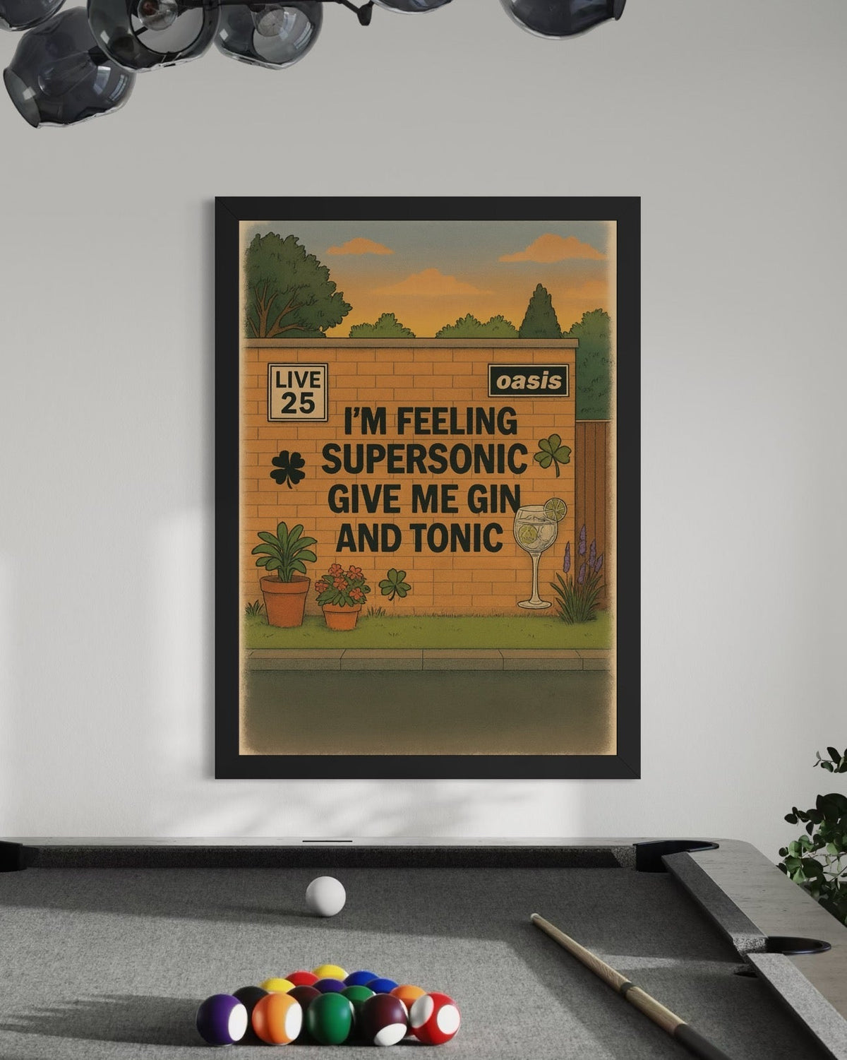 Black-framed supersonic oasis inspired graffiti wall art poster perfect for at-home bar decor with concert scene design