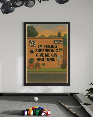 Black-framed supersonic oasis inspired graffiti wall art poster perfect for at-home bar decor with concert scene design