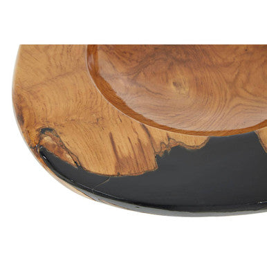 A surak teak bowl with a rustic wood grain finish and a sleek black resin base perfect for serving or decor