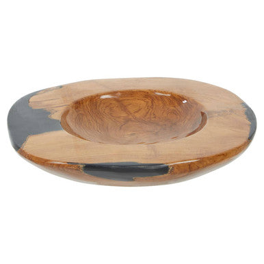Handcrafted surak teak bowl with natural wood grain finish and black resin accents along the rim