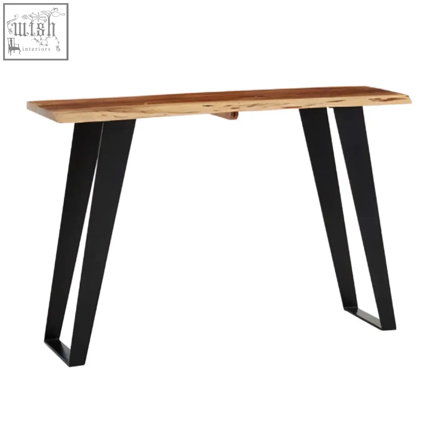 Black metal hairpin legs support a rustic surax acacia wood console table with live edge and warm brown tones