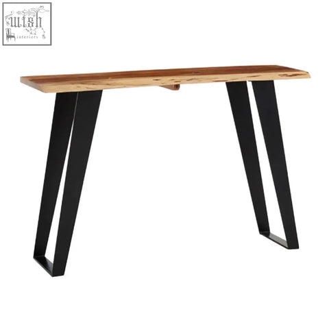 Black metal hairpin legs support a rustic surax acacia wood console table with live edge and warm brown tones