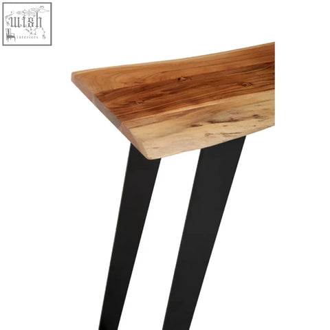 Surax acacia wood console table with a rustic live edge natural wood top and sleek black metal legs