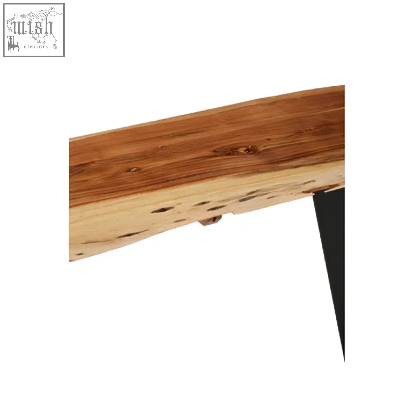 Rustic surax acacia wood console table with natural live edge top and dark metal legs on a wooden floor