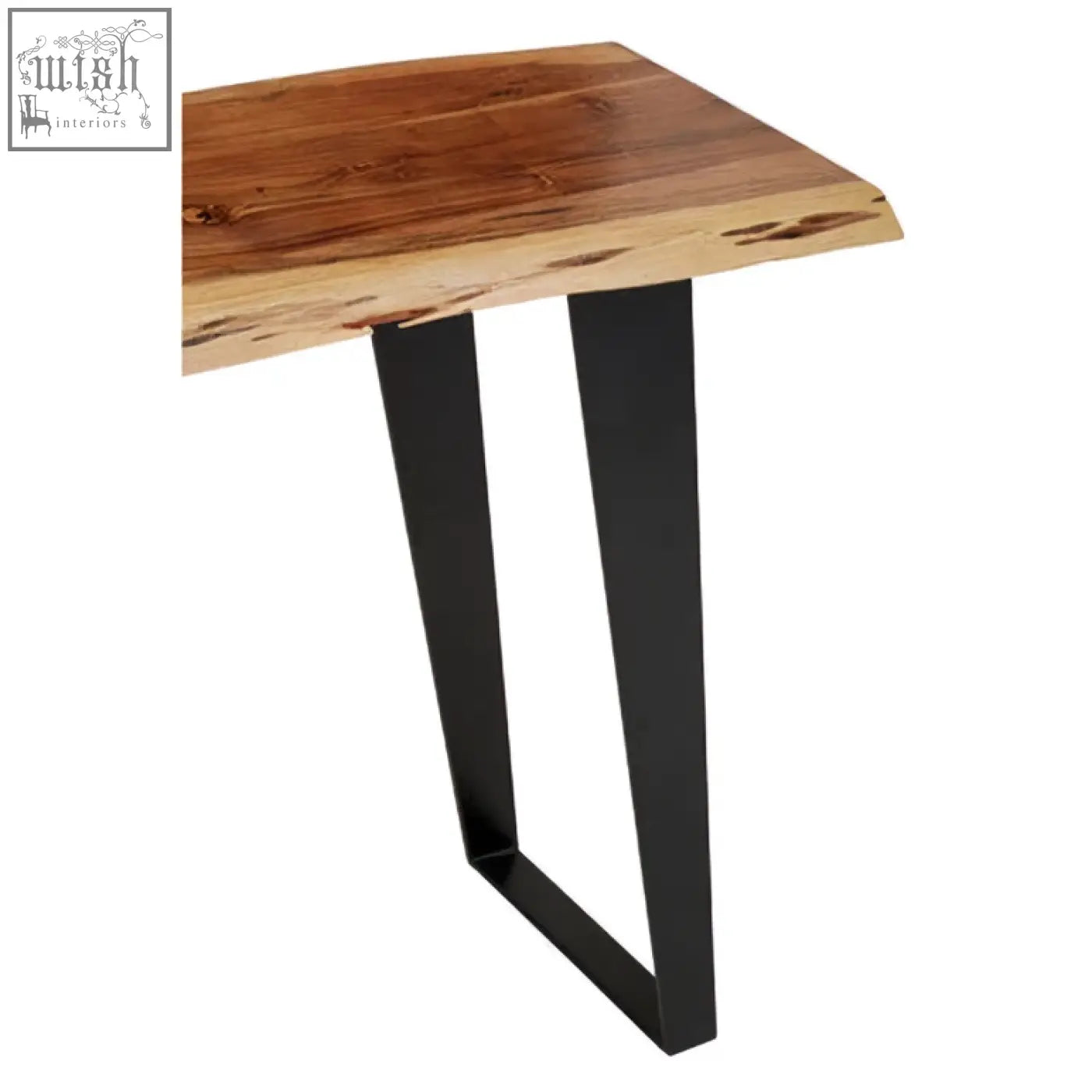 Surax acacia wood console table with a live edge rustic wooden top and sleek black metal legs