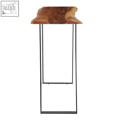 Rustic wooden top bar stool with live edge natural finish and black metal legs for surax acacia wood console table