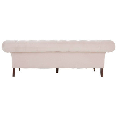 Cream-colored blossom fabric chesterfield sofa with tufted design and dark larch wood legs for three seats