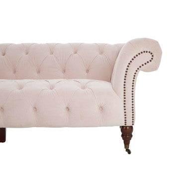 Cream-colored tufted velvet blossom fabric chesterfield sofa with rolled arms and dark larch wood legs