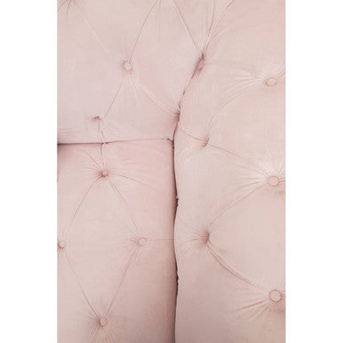 Pink tufted blossom fabric chesterfield sofa with button detailing and larch wood legs in a 3 seat design