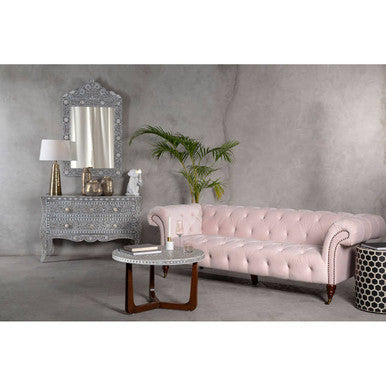 Pink tufted velvet blossom fabric chesterfield sofa with dark larch wood legs and nailhead trim for three seats