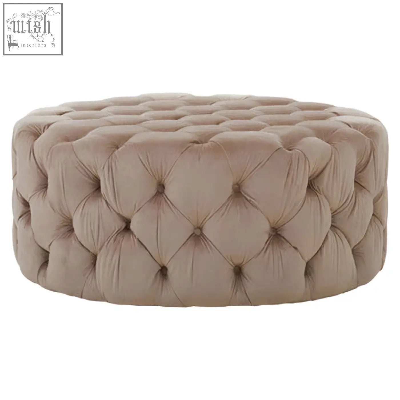 Beige tufted velvet ottoman with a round cushioned design perfect as a suri round stool or round stool option