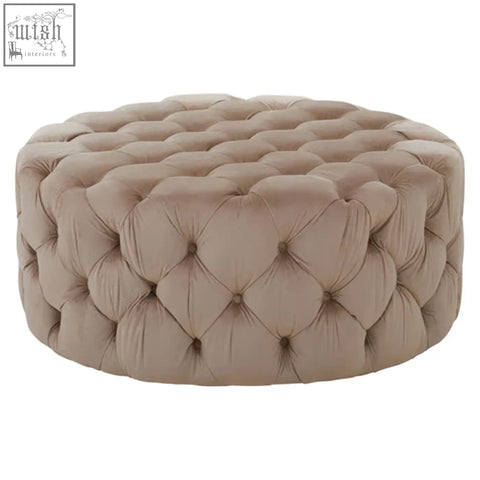 Beige tufted velvet suri round stool with cushioned round design perfect as a cozy round stool seat