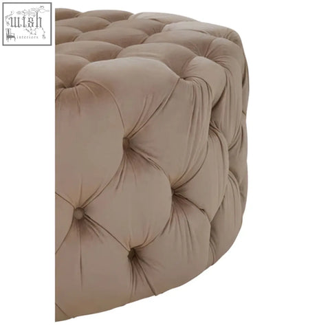 Beige tufted velvet suri round stool with rounded cushioned design perfect as a comfy round stool