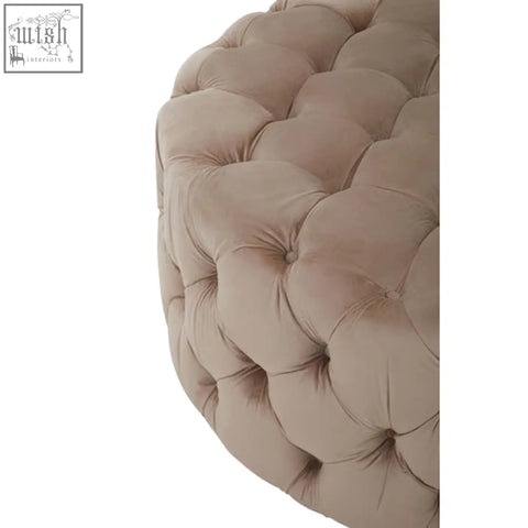 Beige tufted velvet suri round stool with a plush rounded design perfect as a cozy round stool for any room
