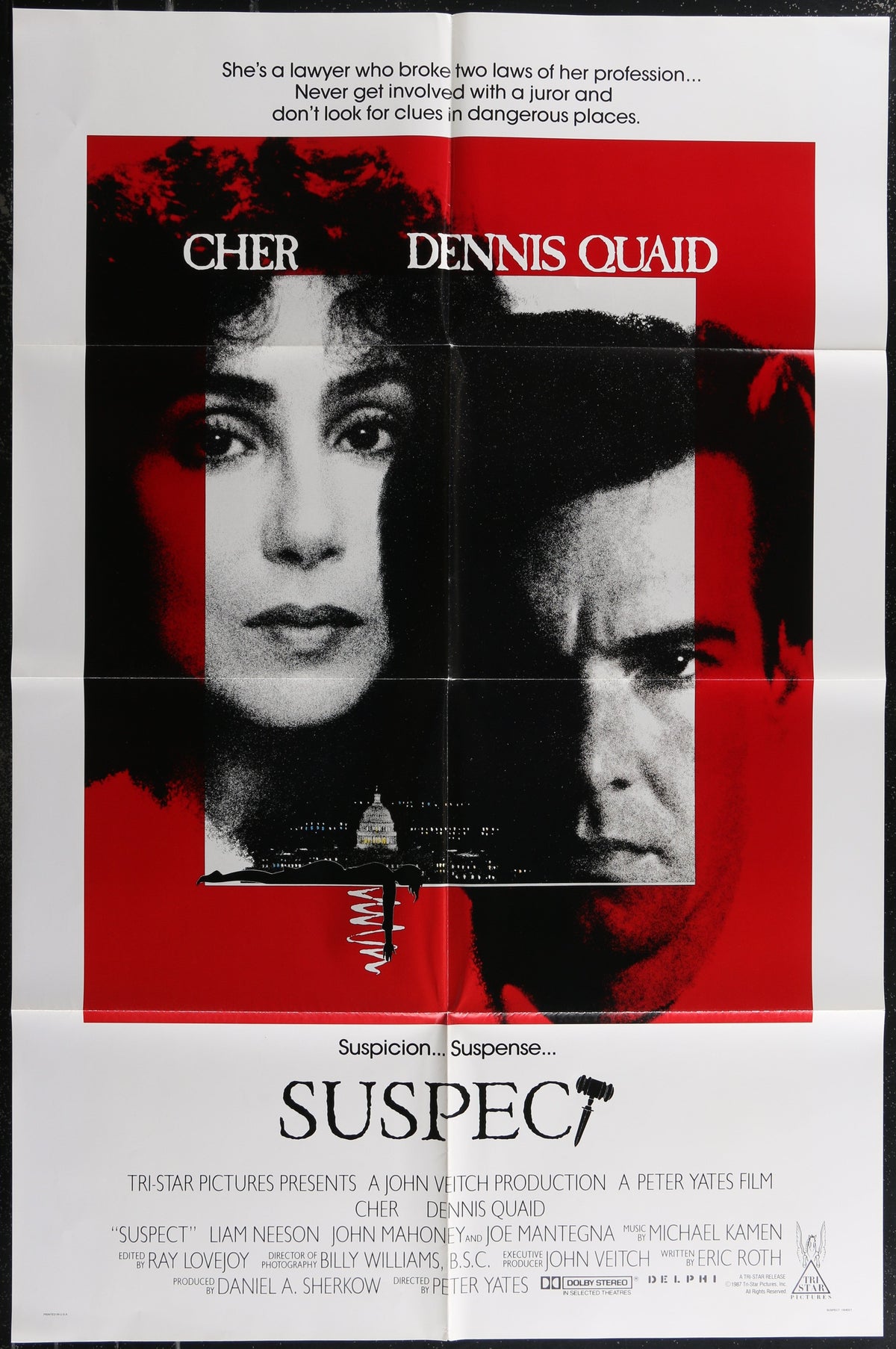 Red and black movie poster for suspect 1987 featuring cher and dennis quaid original us one sheet movie poster