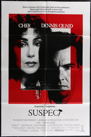 Red and black movie poster for suspect 1987 featuring cher and dennis quaid original us one sheet movie poster