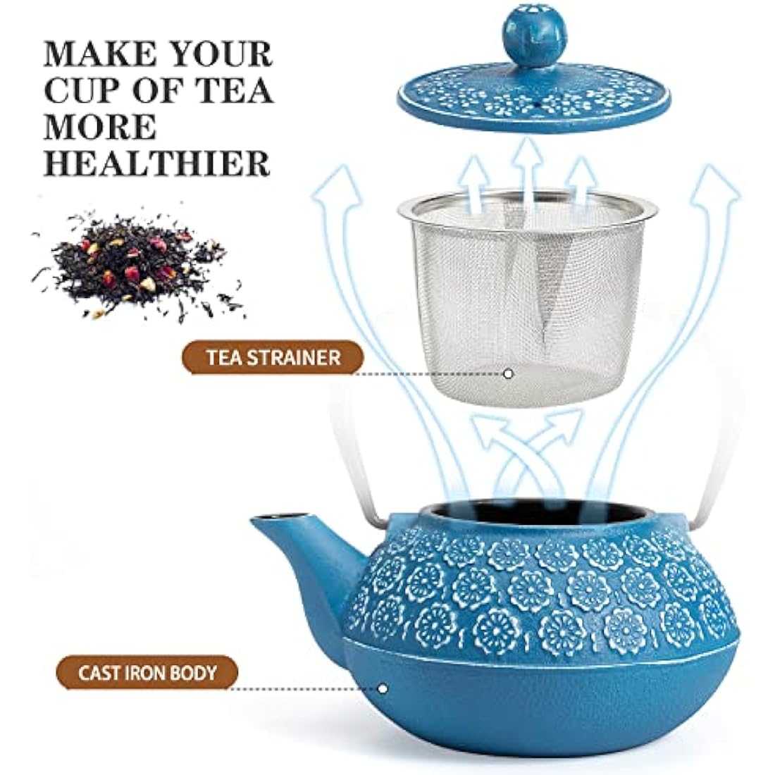 Blue cast iron tea pot with floral pattern and stainless steel mesh infuser perfect for loose leaf tea