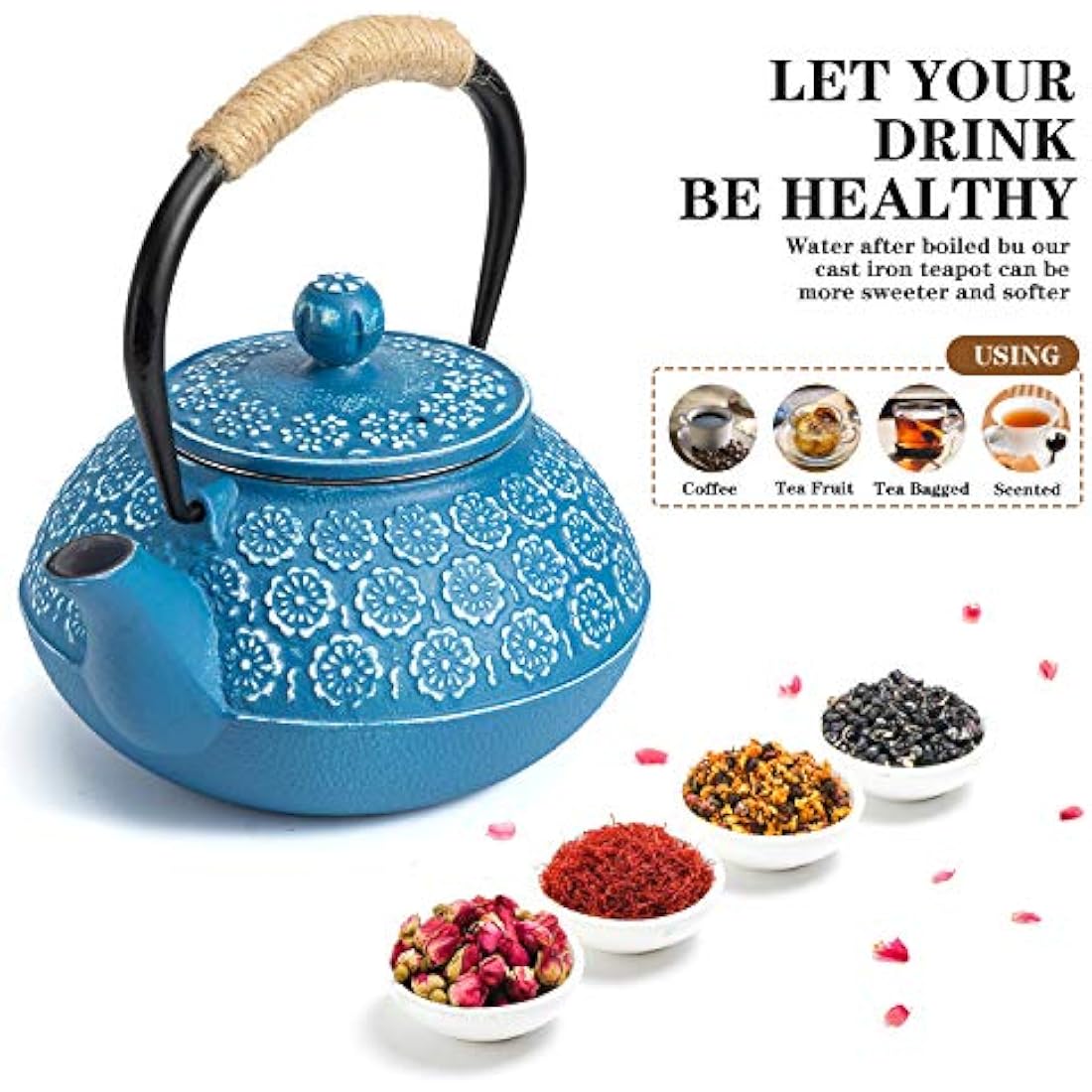 Blue cast iron teapot with white floral embossing and woven handle perfect for loose leaf tea brewing