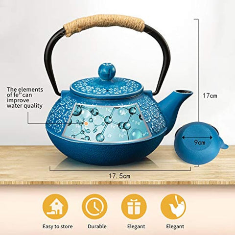 Blue cast iron teapot with natural twine handle and engraved design from susteas 900ml tetsubin kettle