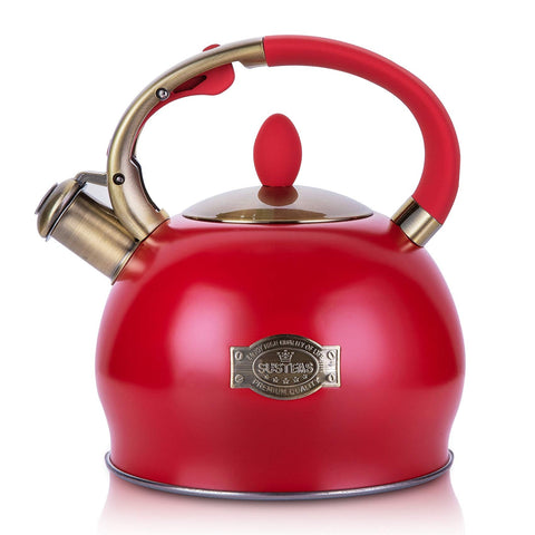 Red susteas stainless steel tea kettle with brass spout handle accents and free silicone pinch mitt
