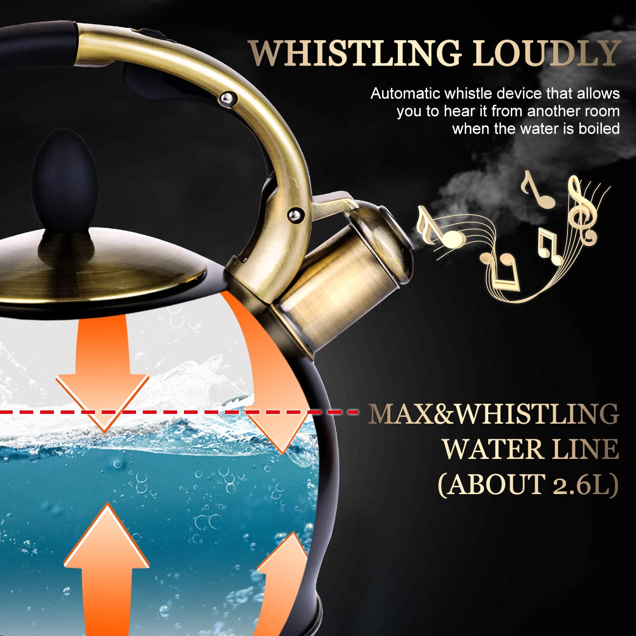 Gold-toned stainless steel tea kettle with black handle and automatic whistle from susteas stainless steel teakettle set