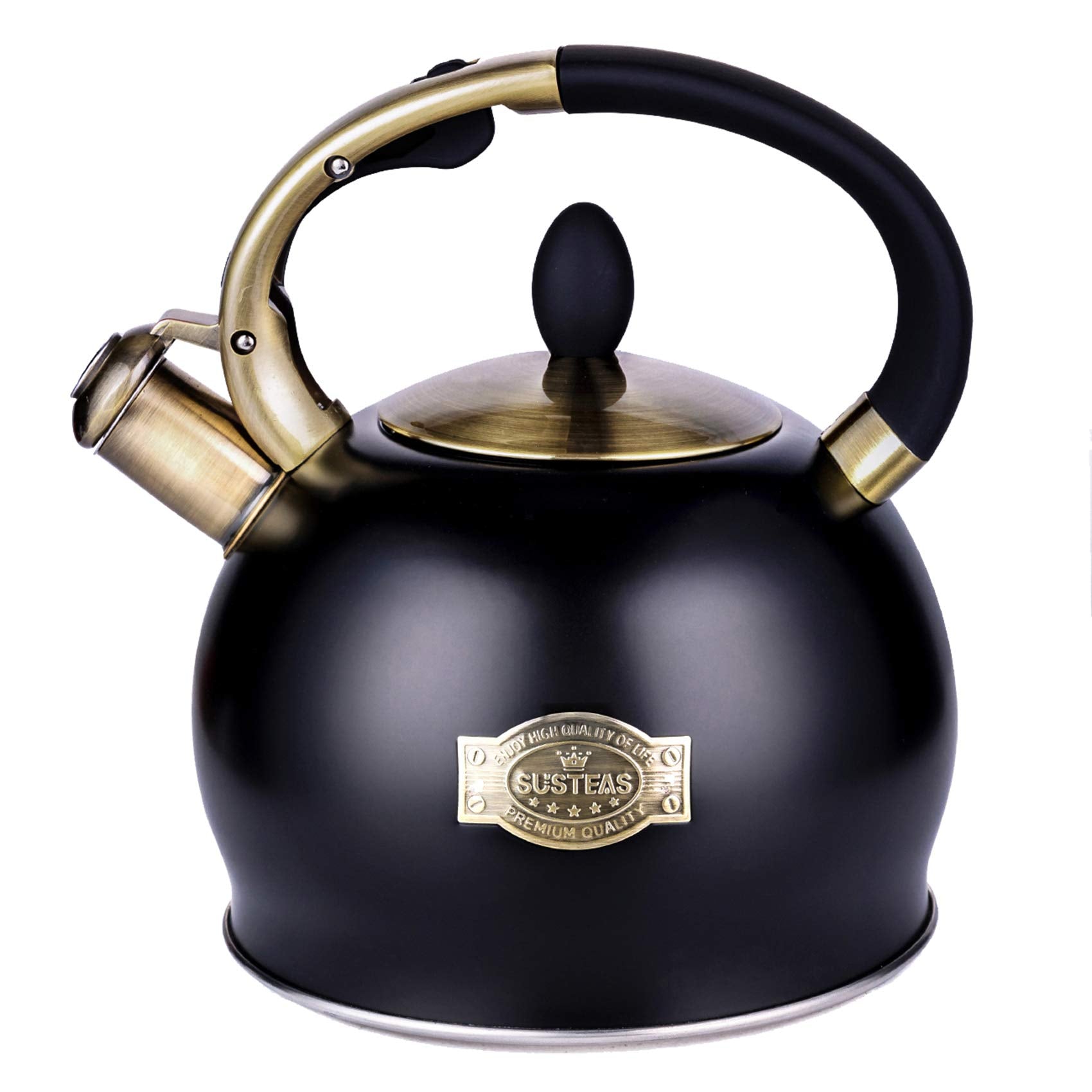 Black stainless steel tea kettle with brass accents and ergonomic handle from susteas stainless steel teakettle line