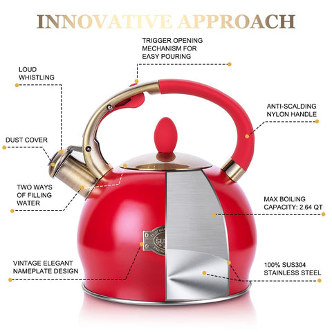 Red and silver stainless steel tea kettle with brass spout and cool touch handle includes free silicone pinch mitt