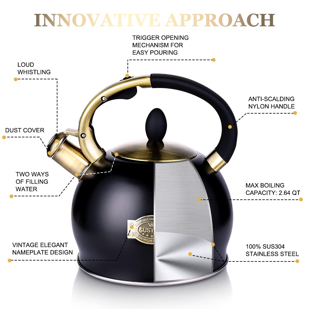 Black and silver two-tone stainless steel tea kettle with gold handle and accents surgical stainless steel teakettle