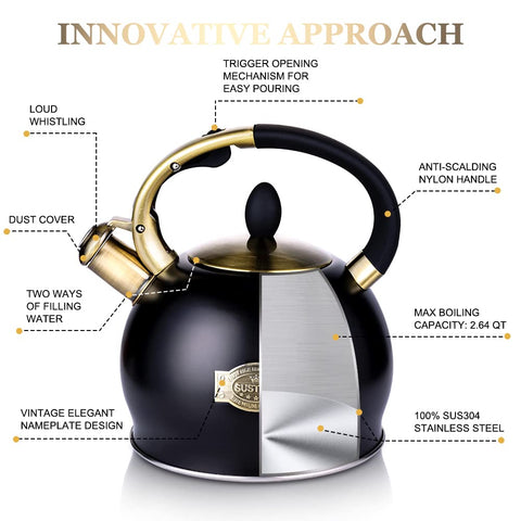 Black and silver two-tone stainless steel tea kettle with gold handle and accents surgical stainless steel teakettle