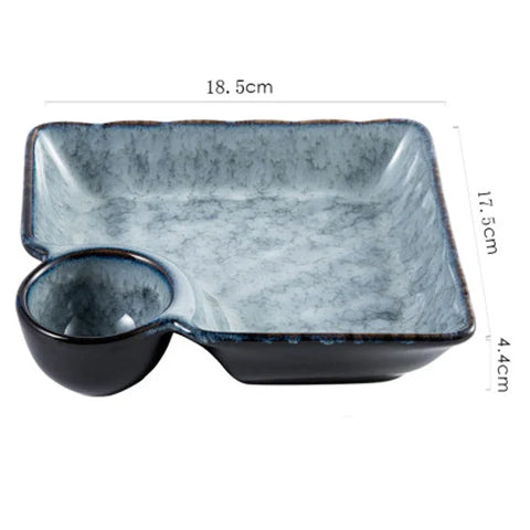 Blue and black ceramic dipping dish with textured marbled glaze finish from sutekina plates collection