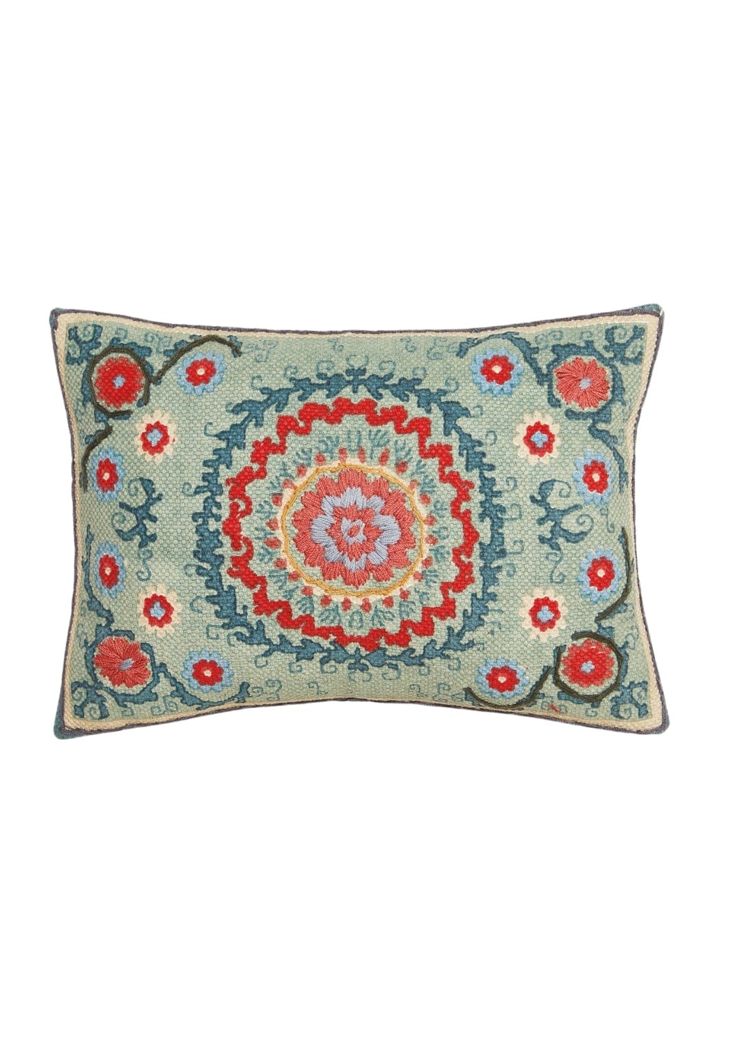 Suzani rectangle cushion cover with vibrant red blue cream embroidered mandala on light green background